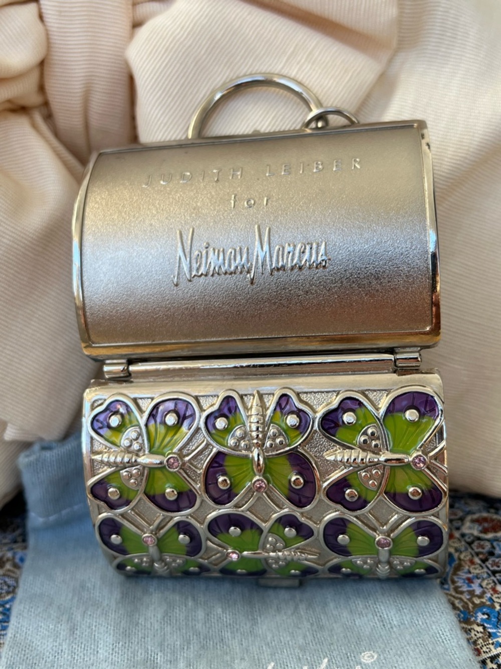 Judith Leiber Purple and Green Butterfly Minaudière Pillbox Trinket Box - Picture 12 of 12